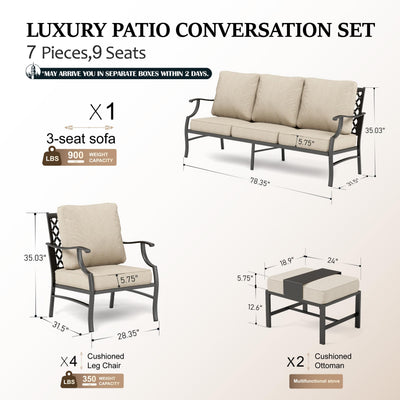 7 Piece Patio Furniture Set, 4 x Fixed Metal Cushioned Chair, 2 x Cushioned Ottoman, 1 x 3-Seat Sofa, Outdoor Conversation Set for Lawn Garden Backyard Poolside