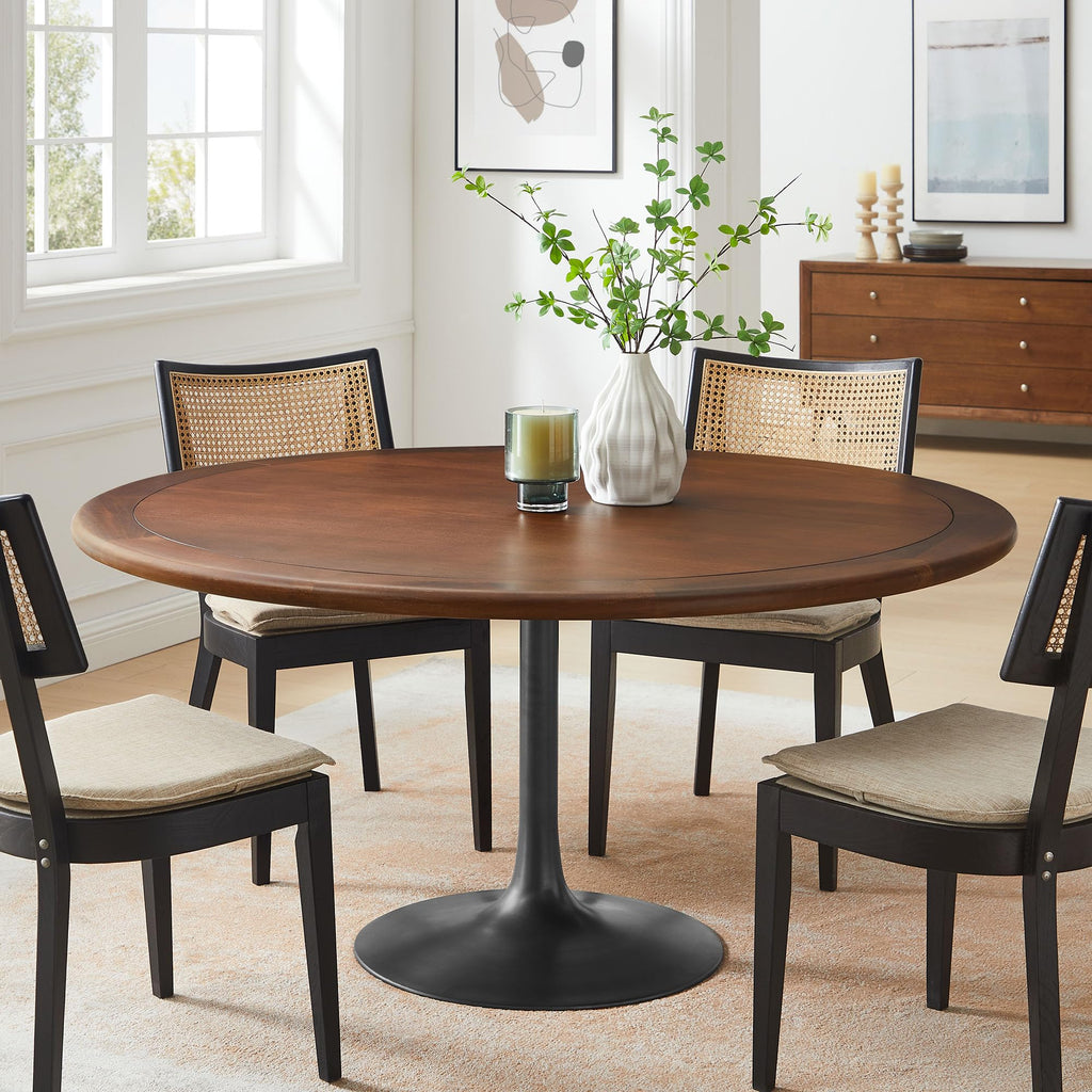 60 Inch Round Wood Dining Table with Metal Pedestal in Black Walnut - Modern Industrial Dining Table for 6 People - Solid Wood Tulip Kitchen Table