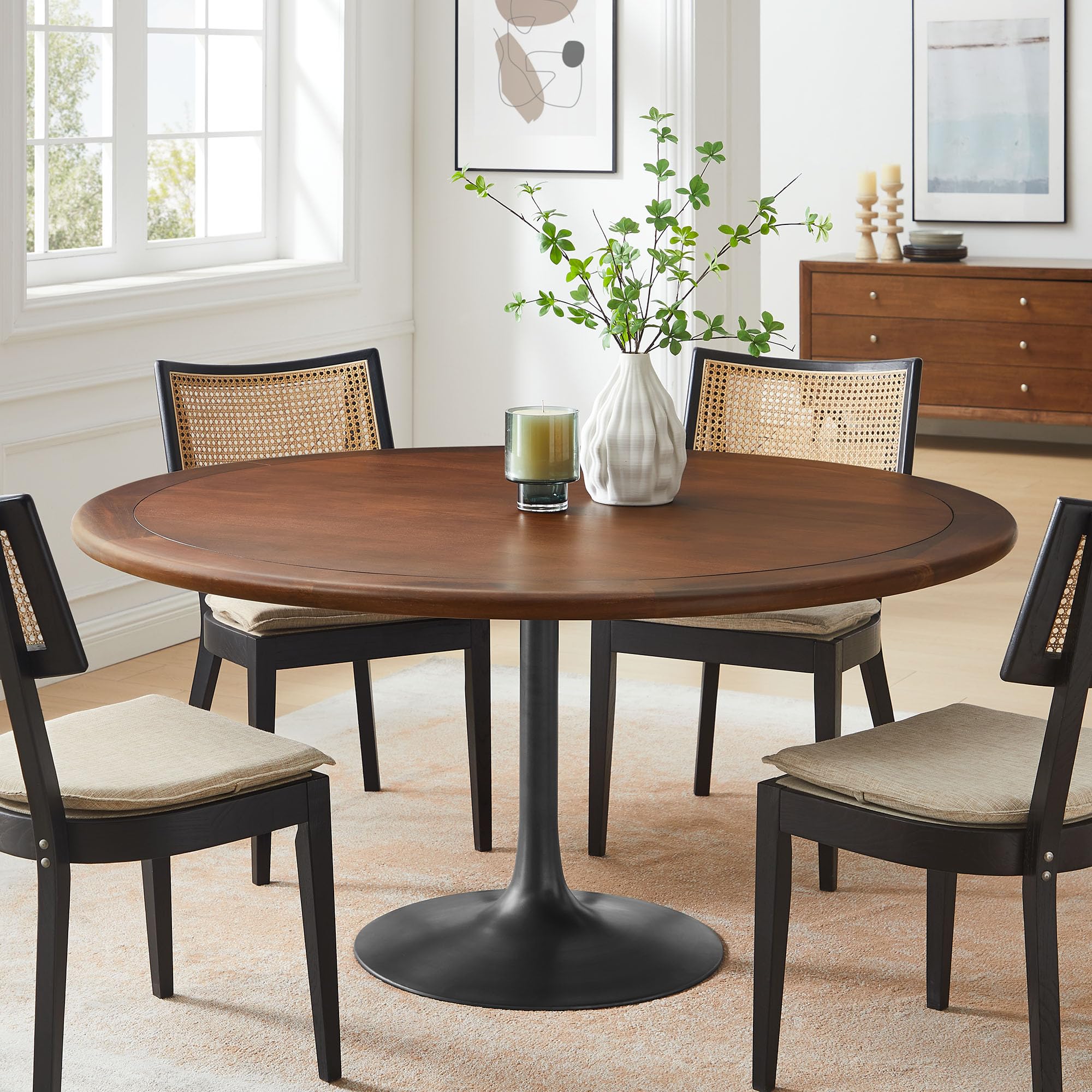 60 Inch Round Wood Dining Table with Metal Pedestal in Black Walnut - Modern Industrial Dining Table for 6 People - Solid Wood Tulip Kitchen Table
