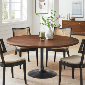 60 Inch Round Wood Dining Table with Metal Pedestal in Black Walnut - Modern Industrial Dining Table for 6 People - Solid Wood Tulip Kitchen Table