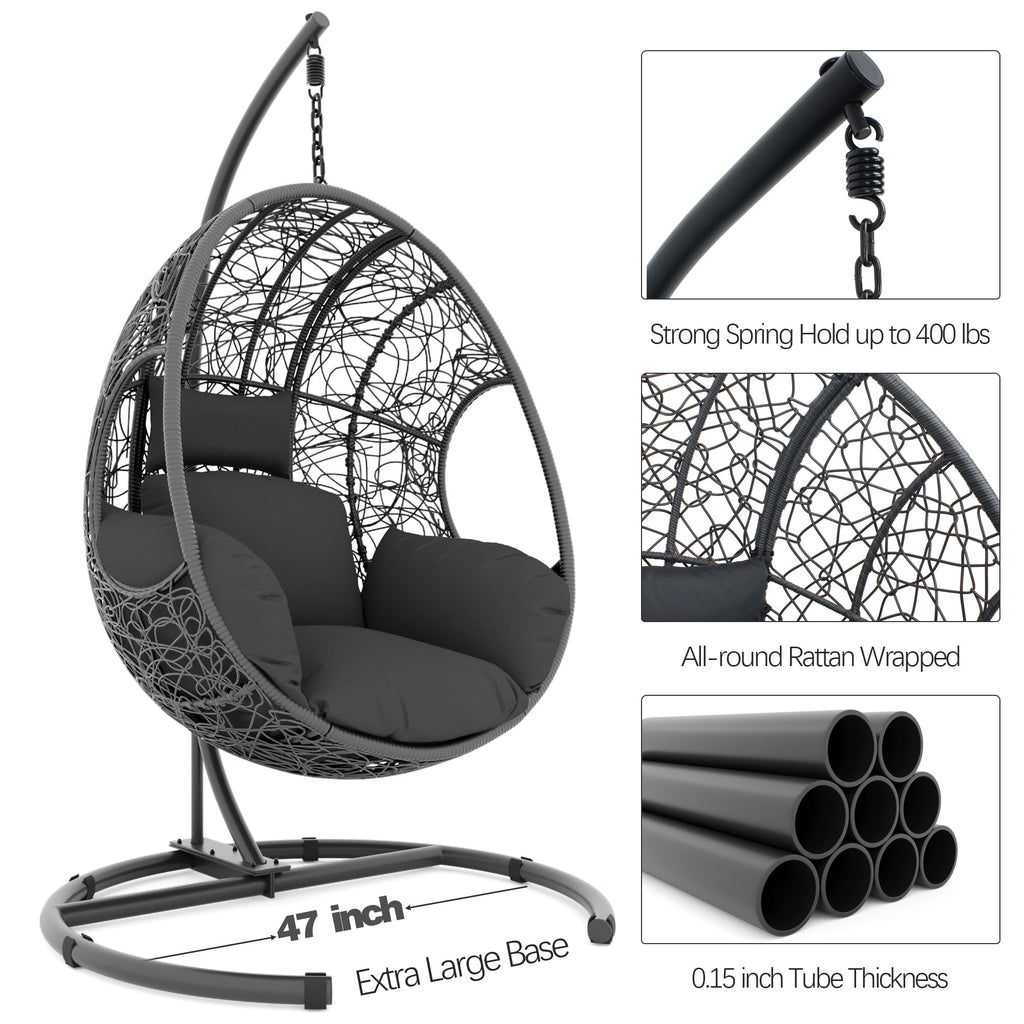 Oversized Hanging Egg Chair Outdoor Indoor, Wicker Swing Egg Chair with Stand 400lbs Capacity for Bedroom, Patio, Garden and Balcony (Grey-nest, Oversize)