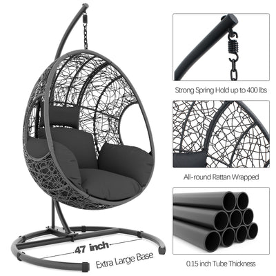 Oversized Hanging Egg Chair Outdoor Indoor, Wicker Swing Egg Chair with Stand 400lbs Capacity for Bedroom, Patio, Garden and Balcony (Grey-nest, Oversize)