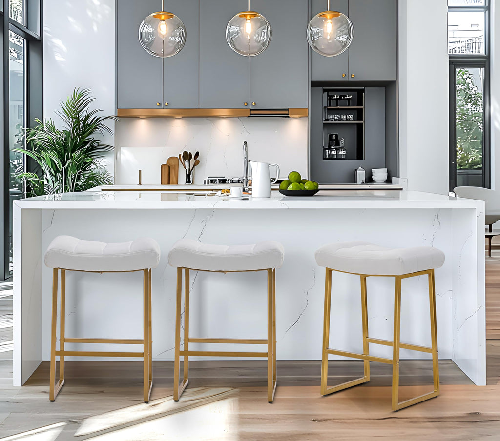 White & Gold Counter Height Bar Stools Set of 3 for Kitchen Counter Backless Kitchen Island Barstools with Upholstered Faux Leather Seat and Gold Base Modern 24 inch Bar Chairs No Back