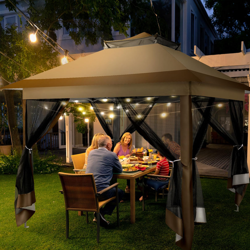 12x12 Pop Up Gazebo On Clearance Canopy Tent- Upgrade Metal Outdoor Canopy Waterproof - Portable Gazebo with Mosquito Nettings, 4 Ropes 8 Stakes and Carry Bag for Patio Garden(Coffee)