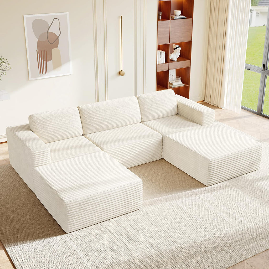 119" Oversized U-Shaped Modular Sectional Sofa, Corduroy Cloud Couch with Deep Seating & Spring Support, Convertible Sofa with 2 Ottomans, Boneless Couch, No Assembly Required, Beige