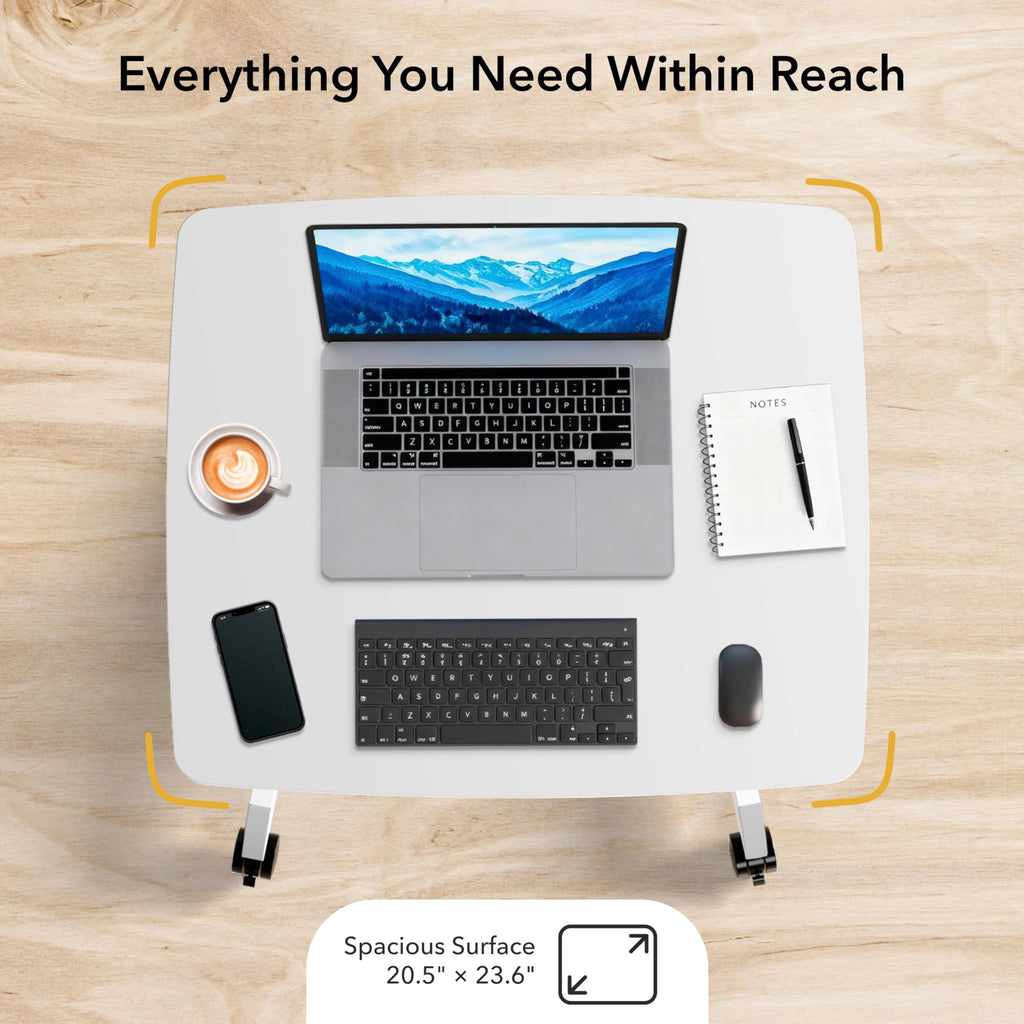 Adjustable Rolling Laptop Desk, Mobile Standing Desk with Wheels, Small Sit-Stand Computer Cart for Home, Office, or Classroom, 29.6–44.2" Height, 23.6"x20.5" Desktop, White