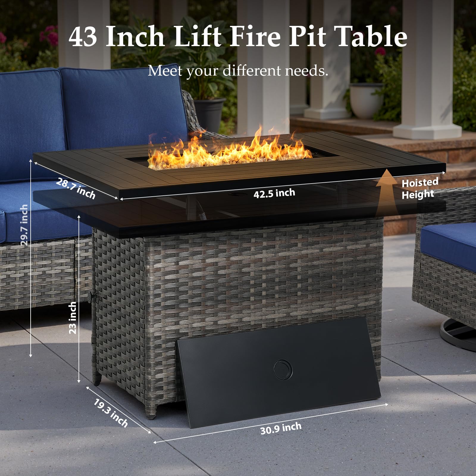 Patio Furniture Set with 42.5" Fire Pit Table-6 Pieces All Weather Wicker Outdoor Furniture with High Back Swivel Patio Chairs Set of 2 Outdoor Couch for Deck Balcony Backyard Blue/Gray