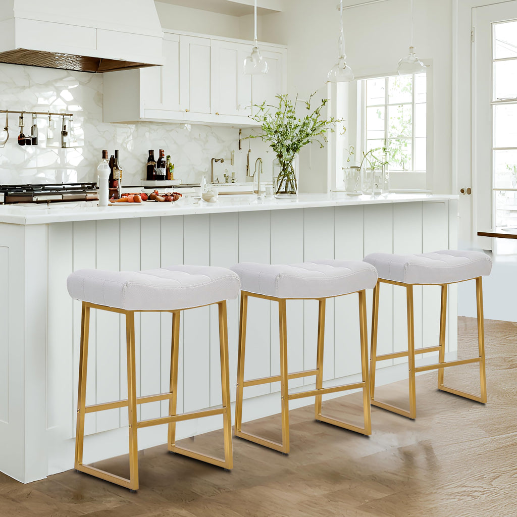 White & Gold Counter Height Bar Stool for Kitchen Counter Modern Backless Barstool with Upholstered Faux Leather Seat and Metal Frame Industrial 24 inch Bar Chair