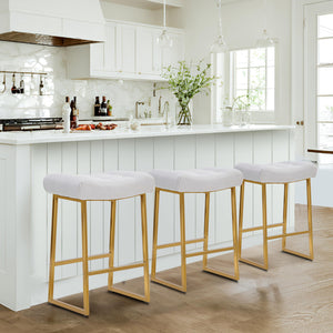 White & Gold Counter Height Bar Stool for Kitchen Counter Modern Backless Barstool with Upholstered Faux Leather Seat and Metal Frame Industrial 24 inch Bar Chair