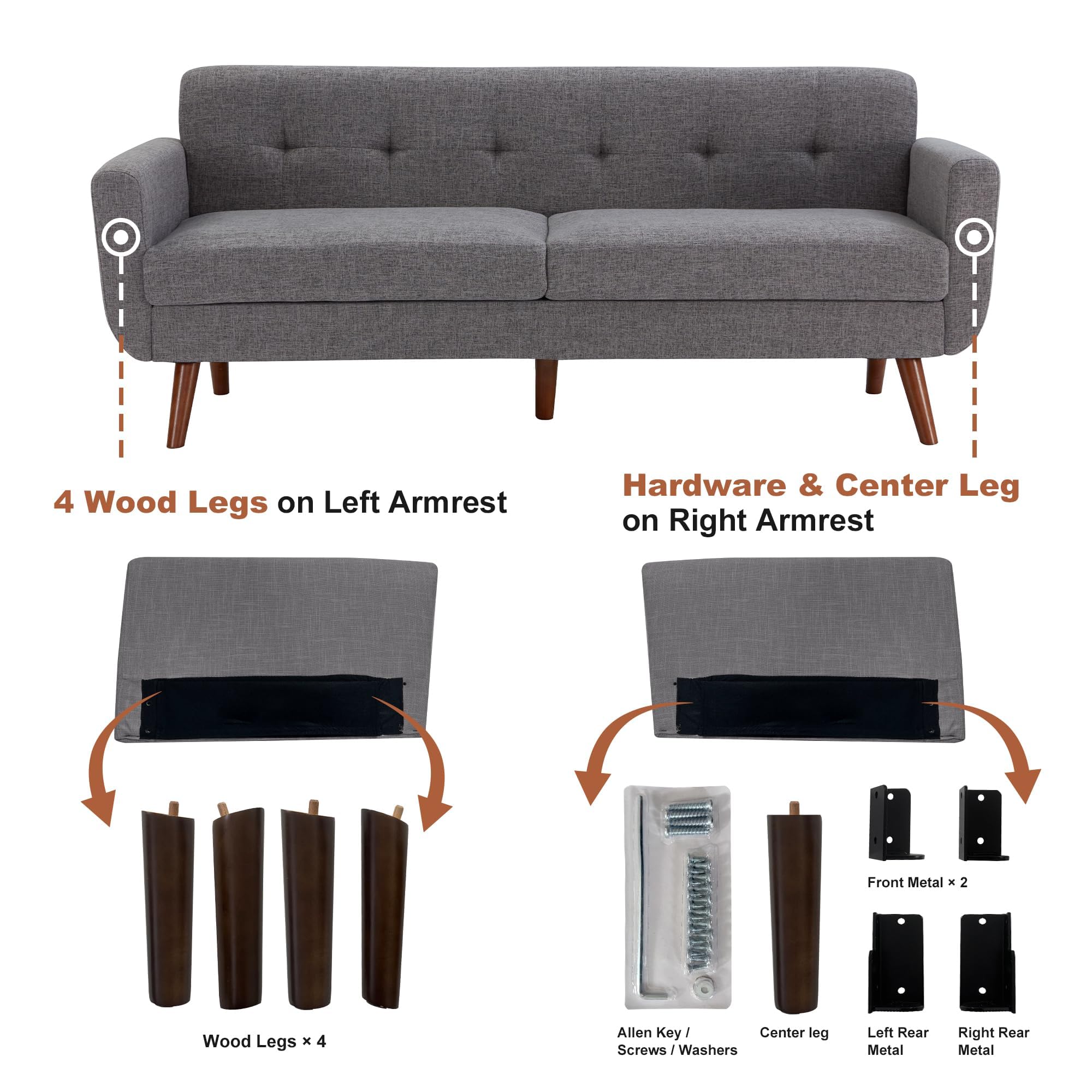 77.2" W Loveseat Sofa, Mid Century Modern Decor Love Seat Couches for Living Room, Button Tufted Upholstered Furniture, Solid & Easy to Install Small Couch for Bedroom Office Apartment, Gray