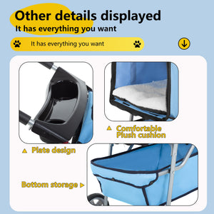 Pet Stroller 4-Wheel Dog Cat Stroller Travel Folding Carrier Puppy Stroller with Cup Holder and Removable Liner for Small Medium Dogs Cats, Blue