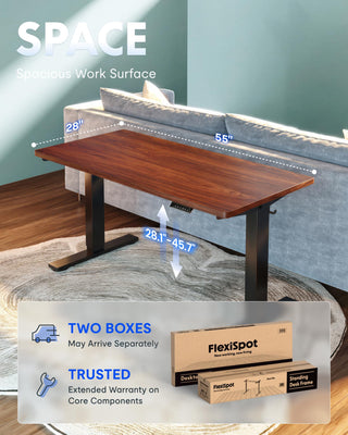 EN1 One-Piece Standing Desk, Electric Adjustable with 4 Memory Presets, 176 LBS Capacity, Stable & Quiet, Seamless Desktop for Home Office & Dual Monitors, 55