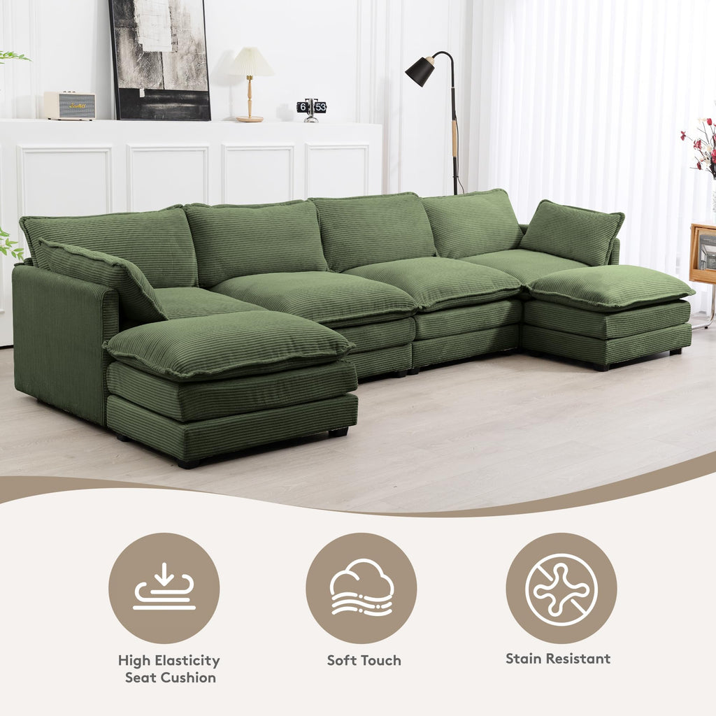 148'' Sectional Cloud Couch with 2 Ottomans, Oversized 4 Seat Sleeper Sofa with 2 Throw Pillows, Convertible Upholstered U Shaped Cozy Sofa Furniture Set for Living Room and Office, Green