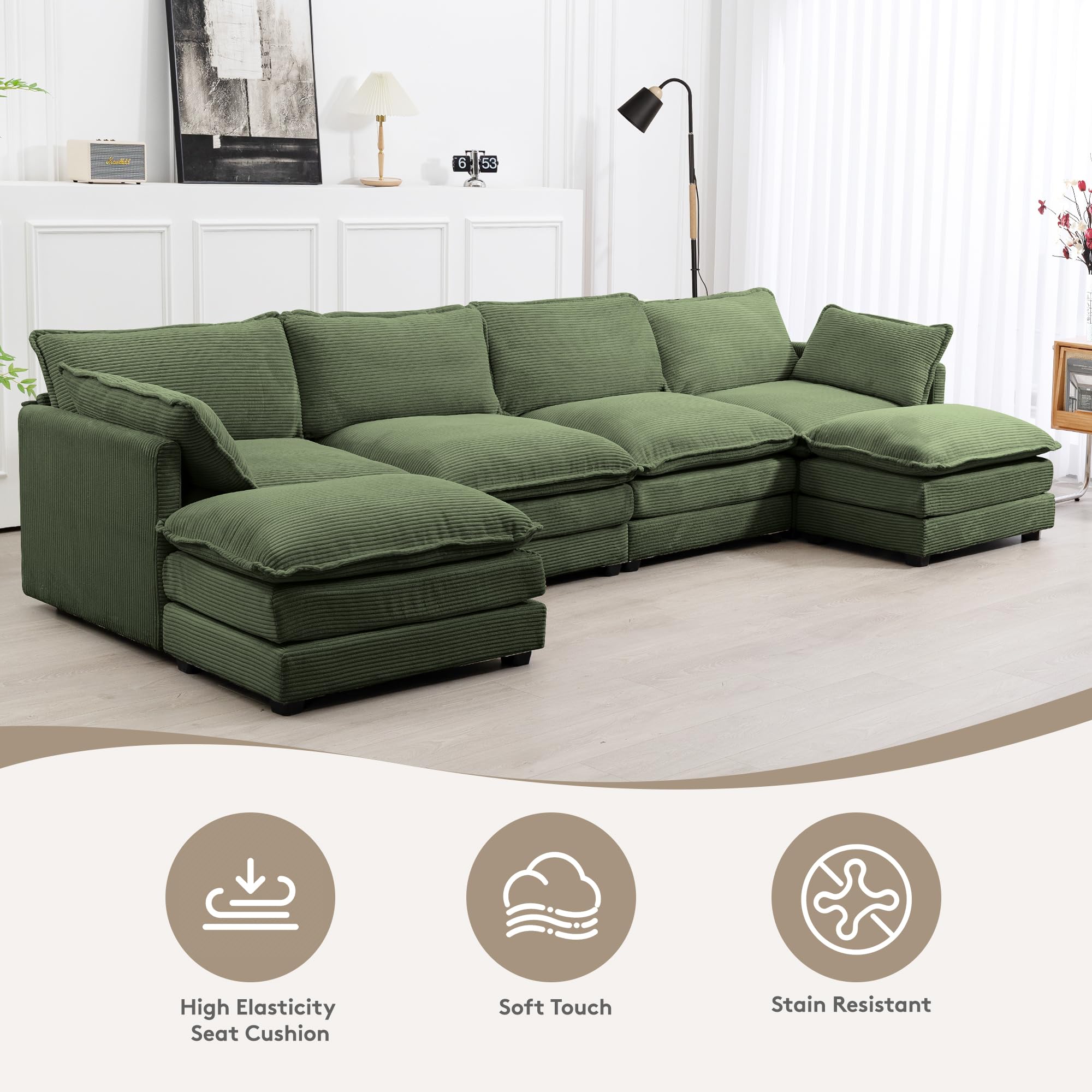 148'' Sectional Cloud Couch with 2 Ottomans, Oversized 4 Seat Sleeper Sofa with 2 Throw Pillows, Convertible Upholstered U Shaped Cozy Sofa Furniture Set for Living Room and Office, Green