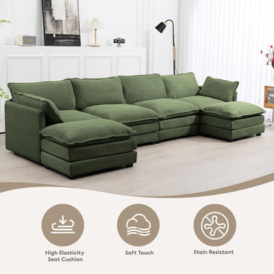 148'' Sectional Cloud Couch with 2 Ottomans, Oversized 4 Seat Sleeper Sofa with 2 Throw Pillows, Convertible Upholstered U Shaped Cozy Sofa Furniture Set for Living Room and Office, Green