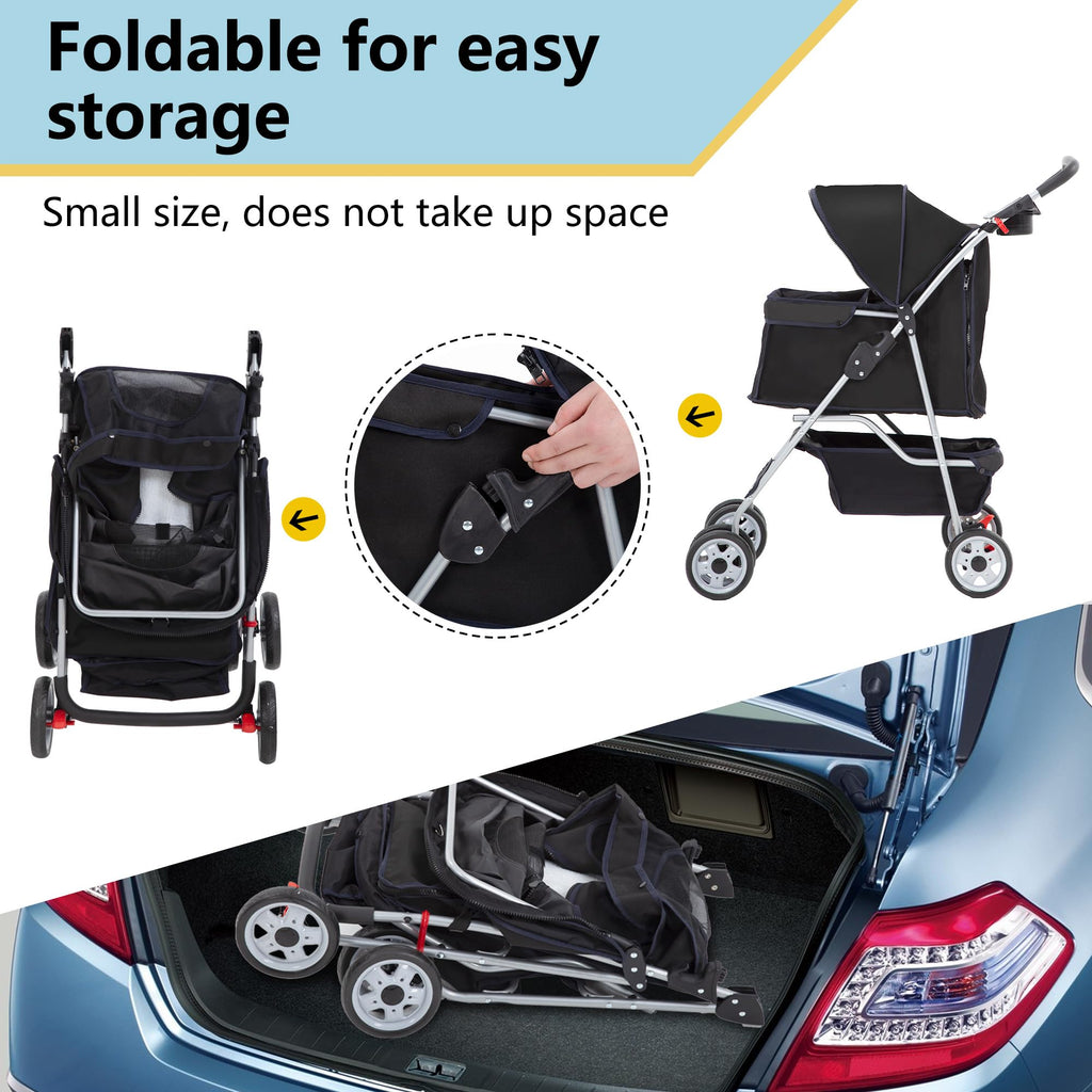 Pet Stroller 4-Wheel Dog Cat Stroller Travel Folding Carrier with Cup Holder and Removable Liner for Small Medium Dogs Cats, Dark Black