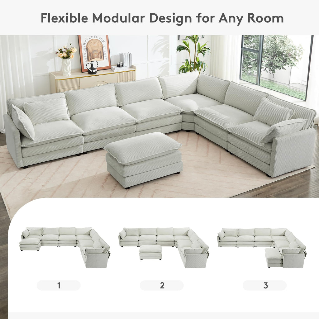 150'' Modular Sectional Corner Cloud Couch, 7 Seater Sofa Big Comfy Corduroy V Shaped Couch with 4 Throw Pillows, Movable Ottoman, Couches for Living Room Office Light Grey