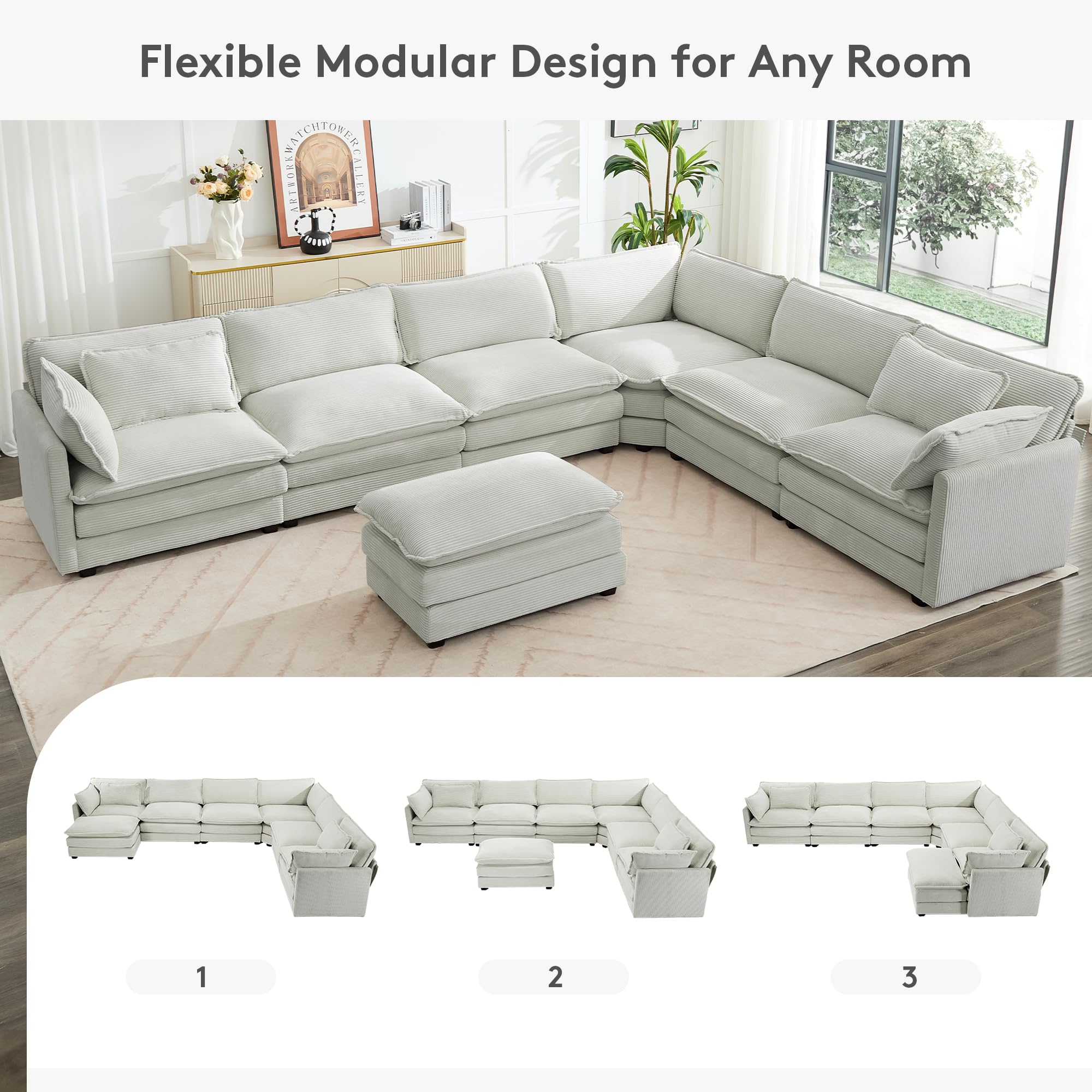 150'' Modular Sectional Corner Cloud Couch, 7 Seater Sofa Big Comfy Corduroy V Shaped Couch with 4 Throw Pillows, Movable Ottoman, Couches for Living Room Office Light Grey