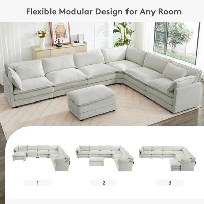 150'' Modular Sectional Corner Cloud Couch, 7 Seater Sofa Big Comfy Corduroy V Shaped Couch with 4 Throw Pillows, Movable Ottoman, Couches for Living Room Office Light Grey