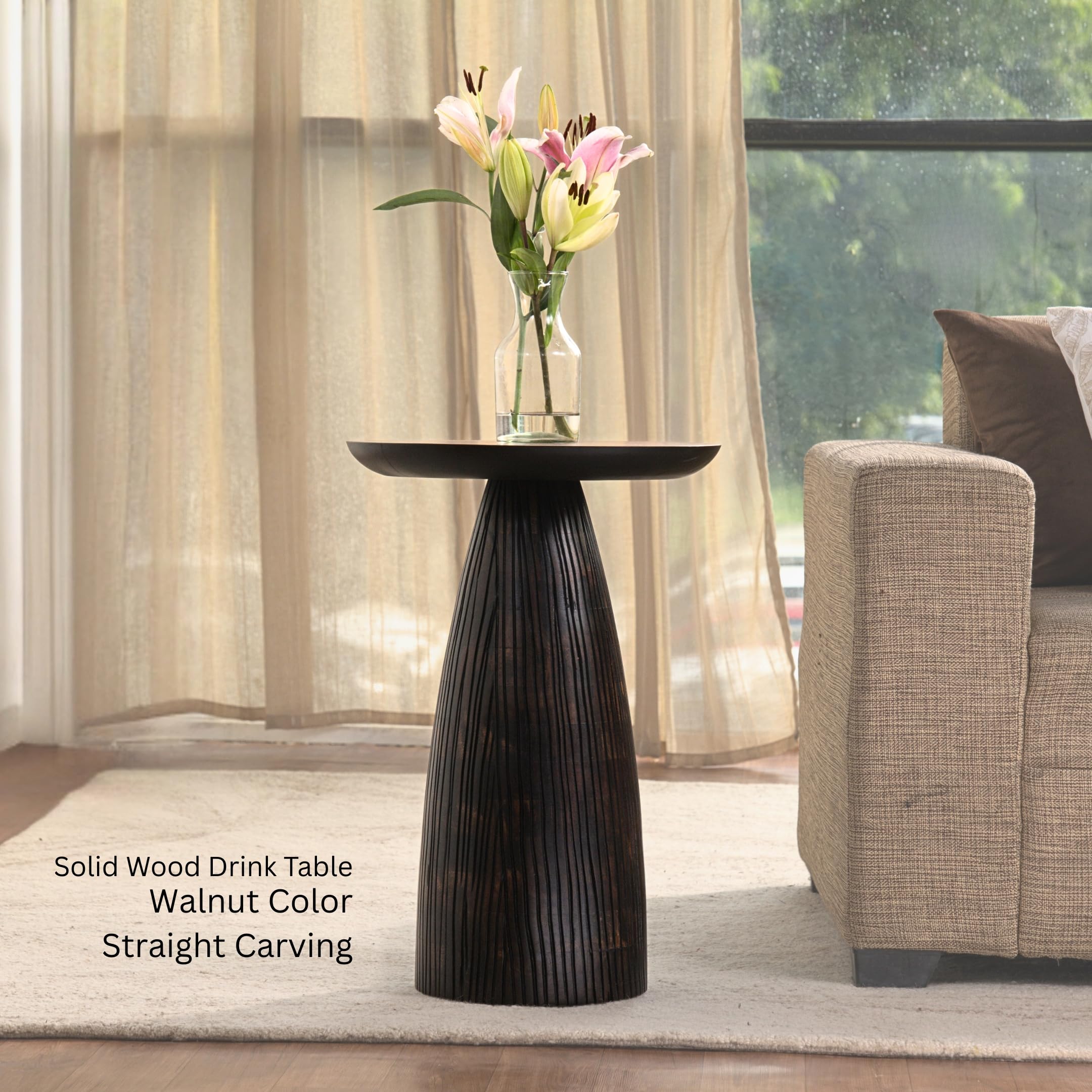 Mid-Century Farmhouse Cottagecore Accent Drink Table, Round Solid Mango Wood Accent Table with Carved Cone Base Minimalist Design for Small Spaces, Living Room, Bedroom or Entryway, Brown, Assembled