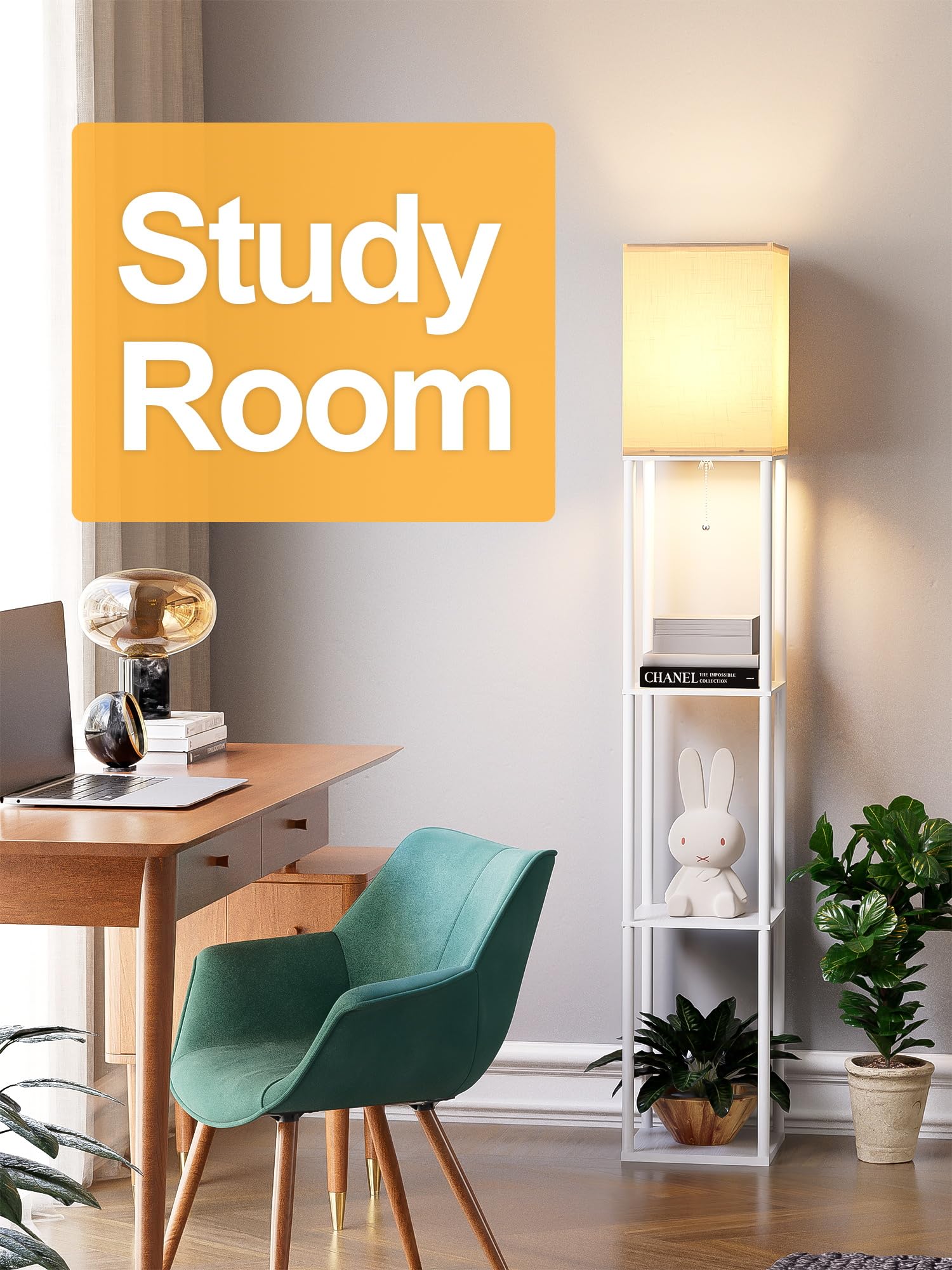 Floor Lamp with Shelves for Living Room White, Shelf Floor Lamp with 3 CCT LED Bulb, Corner Display Standing Column Lamp Etagere Organizer Tower Nightstand with White Linen Shade for Bedroom, Office