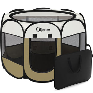 Dog Cat Playpen, Medium Puppy Pet Playpen, Dog Crate Tent Cage Indoor/Outdoor, Portable Pop Up Dogs Kennel Playpen with Carrying Case for Dogs/Cats/Rabbits Coffee