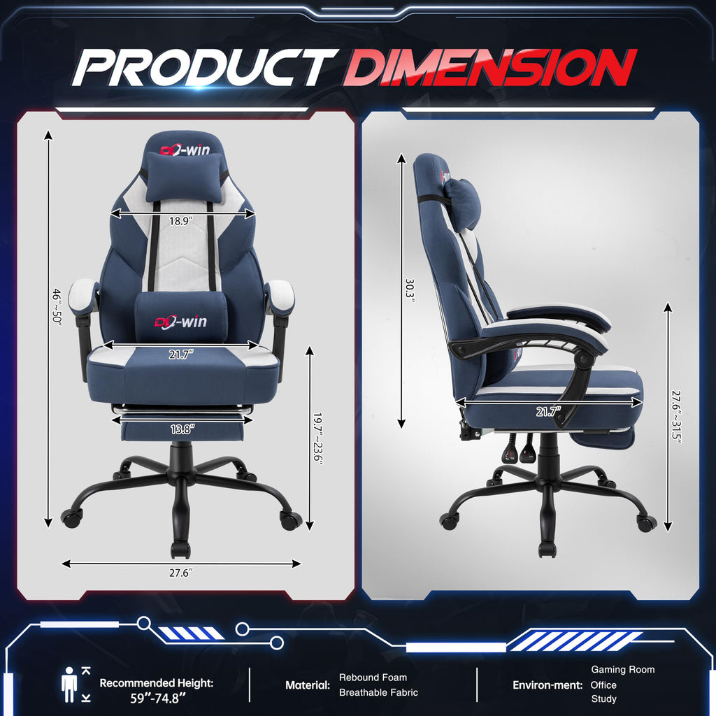 Video Gaming Chair for Adults, Computer Chair with Footrest and Ergonomic High Back, Big and Tall Gamer Chair with Massage Lumbar Support (Light Blue Fabric)