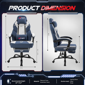 Video Gaming Chair for Adults, Computer Chair with Footrest and Ergonomic High Back, Big and Tall Gamer Chair with Massage Lumbar Support (Light Blue Fabric)