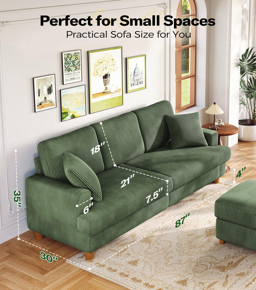 87in Corduroy Couch, Kidirect Sofa No Tool Assembly, Comfy Couches for Living Room 21in Deeper Seats, Corduroy Sofas for Living Room with 2 Pillows, Oversized Loveseat Sofa, Boho Love Seat Olive Couch