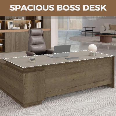 L-Shaped Executive Workstation with Lockable Drawers, 63” Large Office Furniture with Storage Cabinet & Cable Management, Reversible Home Office Setup (Walnut, 63”×32”×30”)