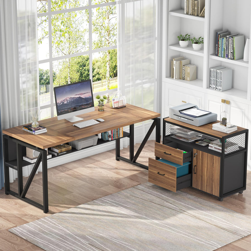 63" L Shaped Desk with Drawer Cabinet, Executive Computer Desk and lateral File Cabinet, 2 Piece Home Office Furniture with Drawers for Hanging File, Doors with Locks (Brown, 63 inches)