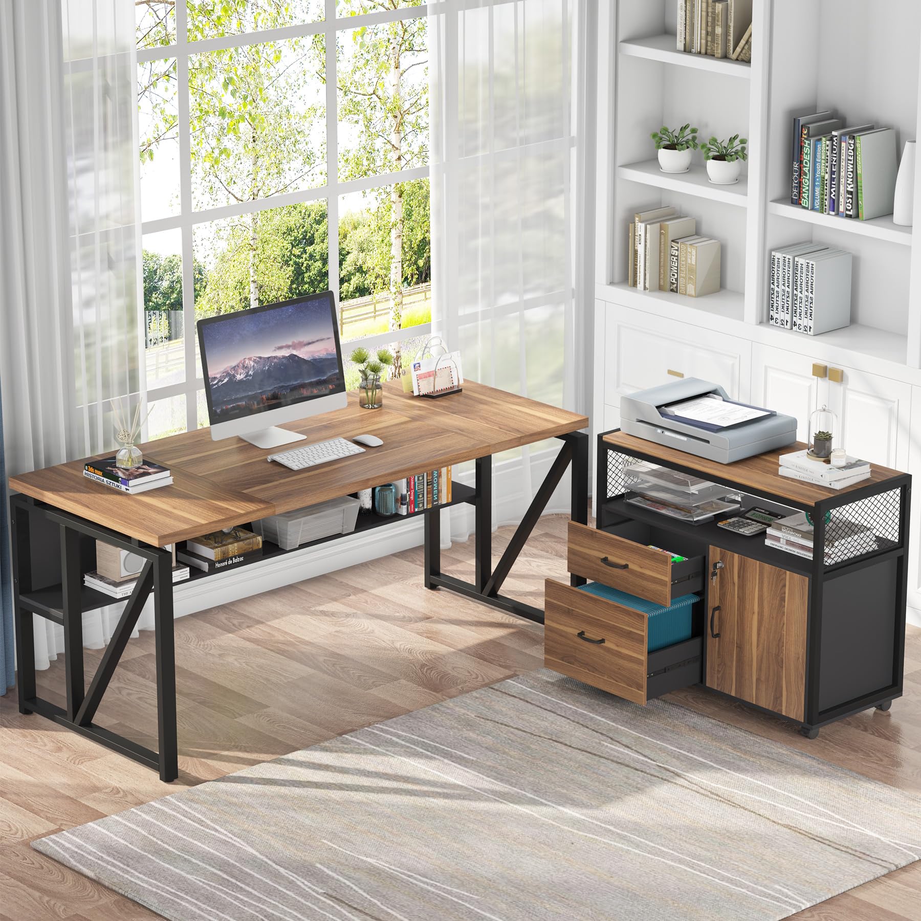63" L Shaped Desk with Drawer Cabinet, Executive Computer Desk and lateral File Cabinet, 2 Piece Home Office Furniture with Drawers for Hanging File, Doors with Locks (Brown, 63 inches)