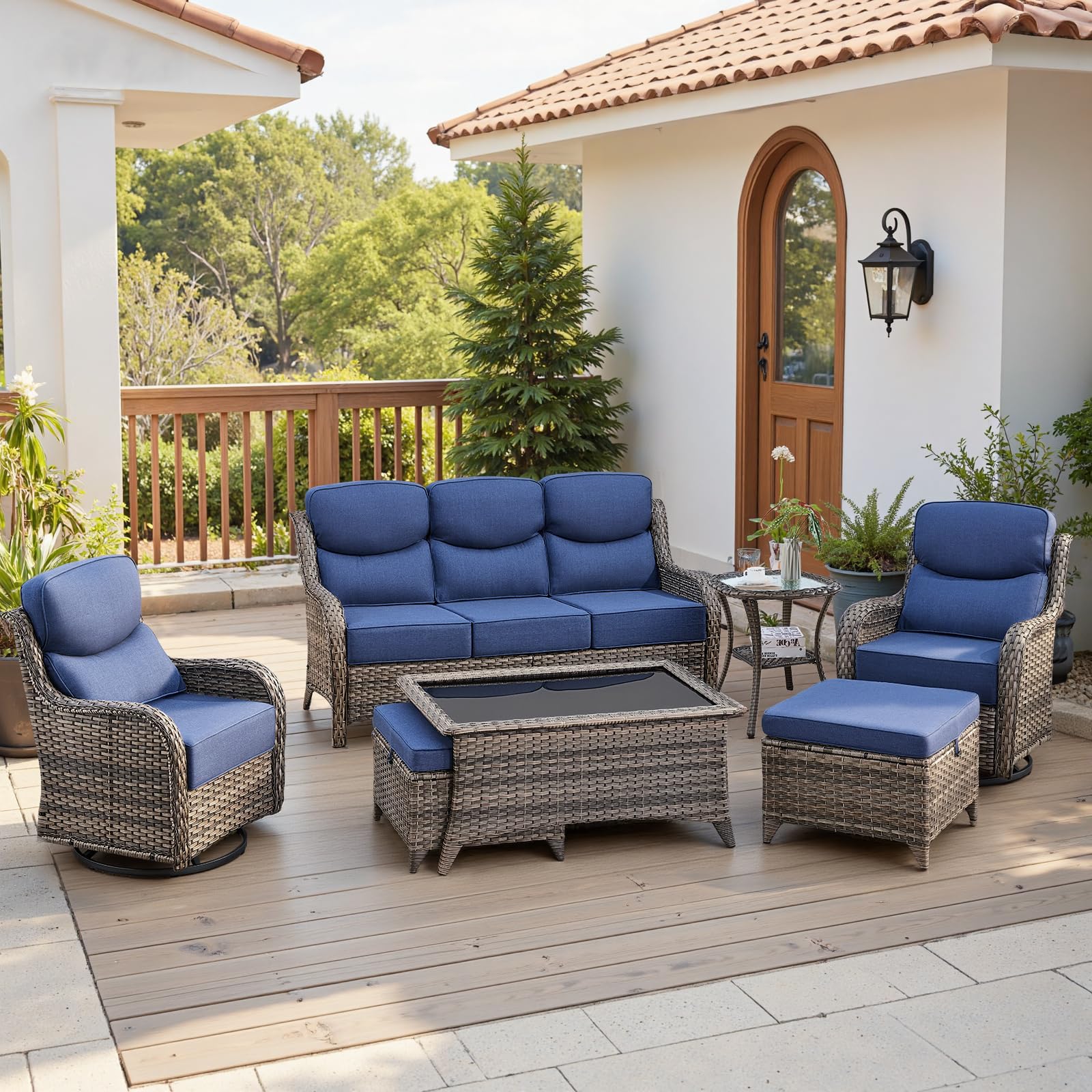Luxury 6" Thick Cushioned 7 Pieces Patio Furniture Set with Outdoor Couch, Wicker Outdoor Conversation Set with High Back Swivel Rocker Chairs for Deck Porch Yard and Poolside - Grey+Blue