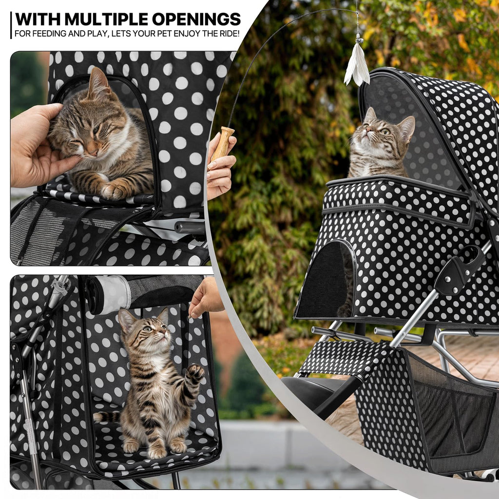 3 Wheels Pet Dog Cat Stroller for Small Medium Dogs Cats, Foldable Jogger Stroller w/Storage Basket and Cup Holder, Black Polka Dots