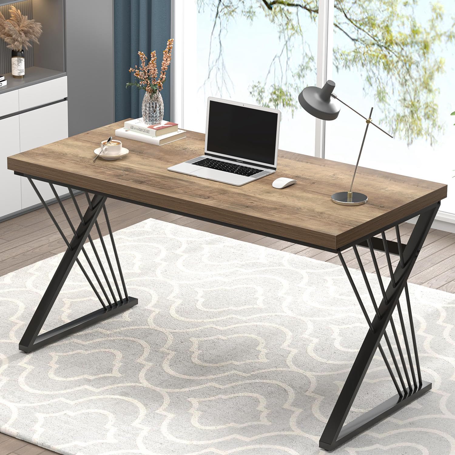 Computer Desk, Wood and Metal Study Writing Gaming Table for Bedroom Living Room, Rustic Oak, 53 Inch