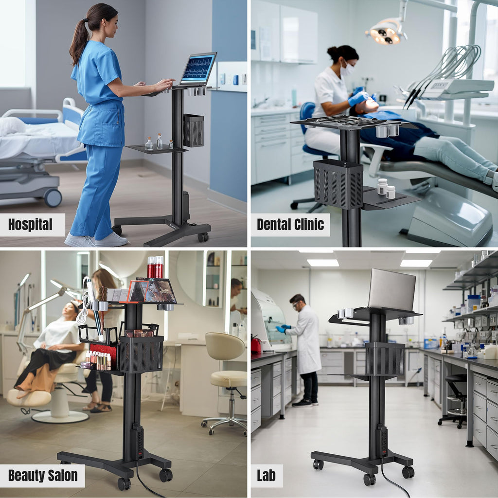 Mobile Laptop Cart Medical Rolling PC Stand Computer Workstation on Wheels with Handle 220 Lbs Capacity CPU Printer Power Strip Holder for Lap School Office Salon Spa Dental