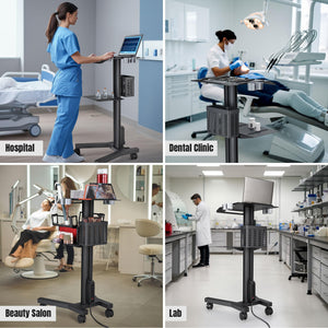 Mobile Laptop Cart Medical Rolling PC Stand Computer Workstation on Wheels with Handle 220 Lbs Capacity CPU Printer Power Strip Holder for Lap School Office Salon Spa Dental