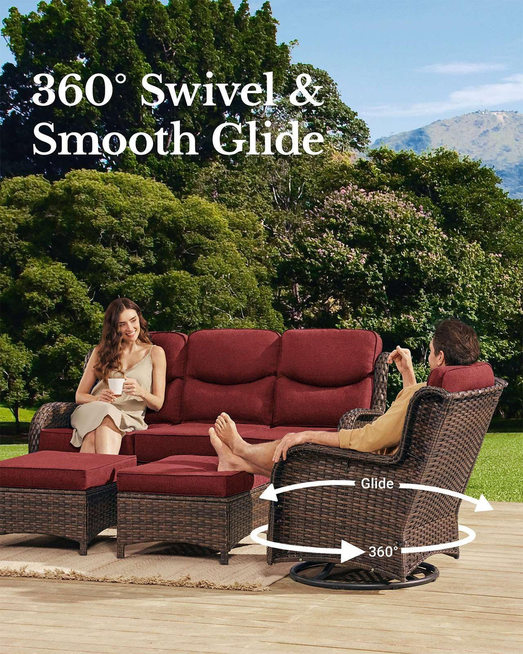 Luxury Patio Furniture Set with 6-inch Thick Cushion, Outdoor Loveseat and High Back Swivel Rocker Patio Chairs, 6PCS Wicker Conversation Set for Deck Yard and Poolside, Burgundy (V2)