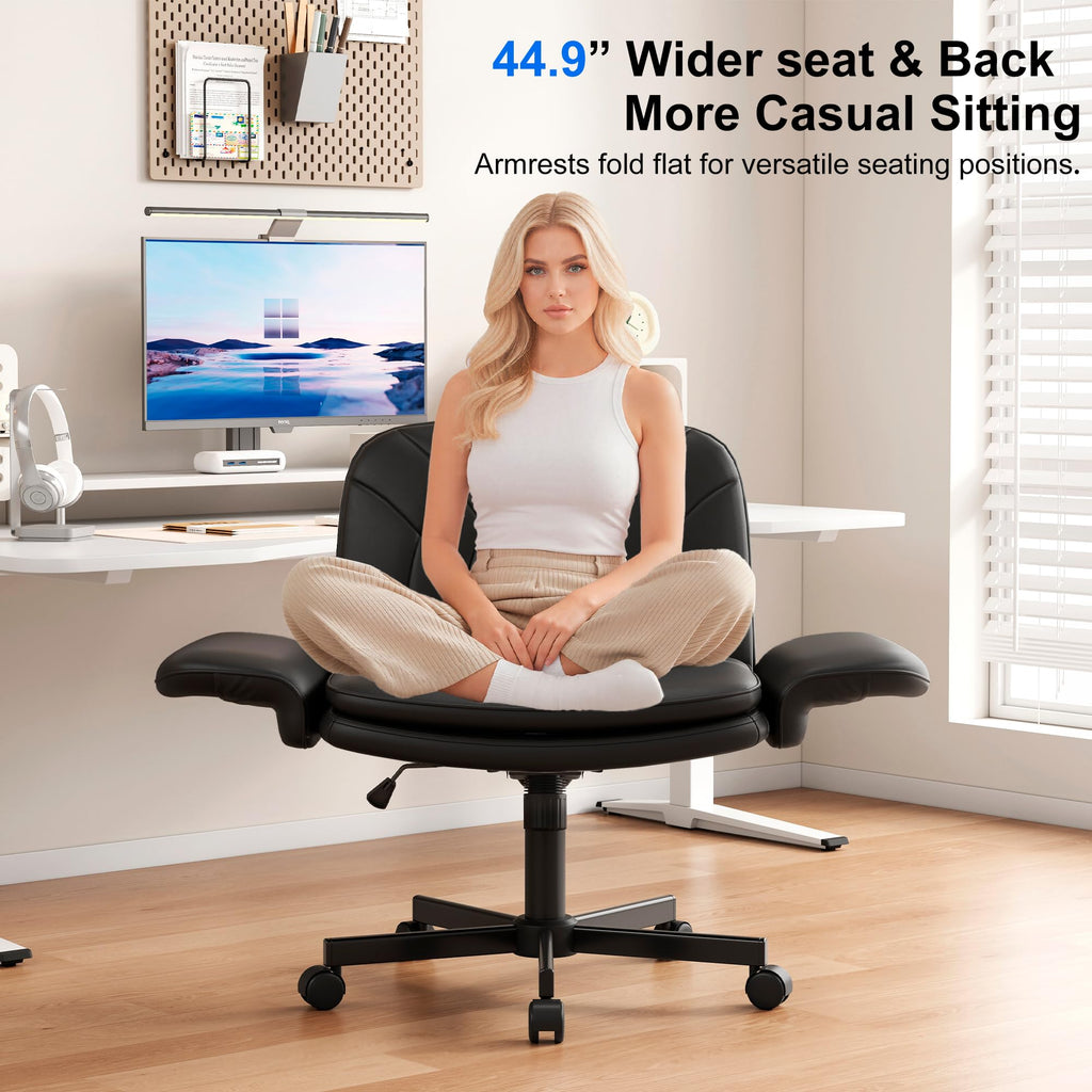 Criss Cross Chair with Armrests & Wheels for Cross-Legged Sitting, Comfortable PU Leather Vanity Chair, Office Desk Chairs with Adjustable Rocking Function, for Home, Bedroom Black