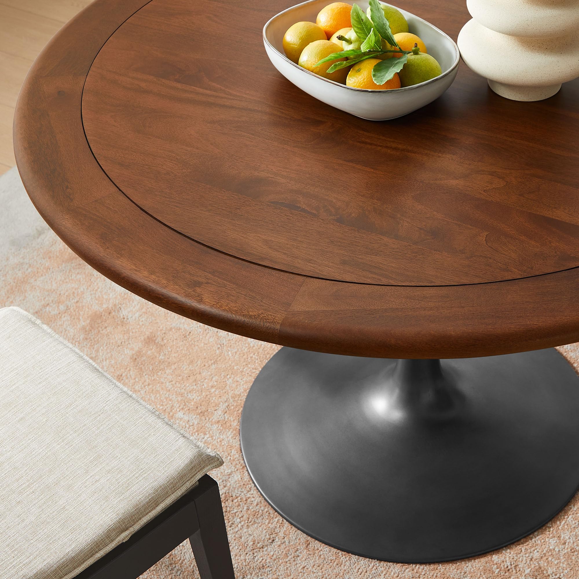 48 Inch Round Wood Dining Table with Metal Pedestal in Black Walnut - Modern Industrial Dining Table for 4 People - Solid Wood Tulip Kitchen Table