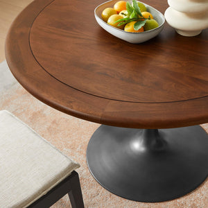 48 Inch Round Wood Dining Table with Metal Pedestal in Black Walnut - Modern Industrial Dining Table for 4 People - Solid Wood Tulip Kitchen Table