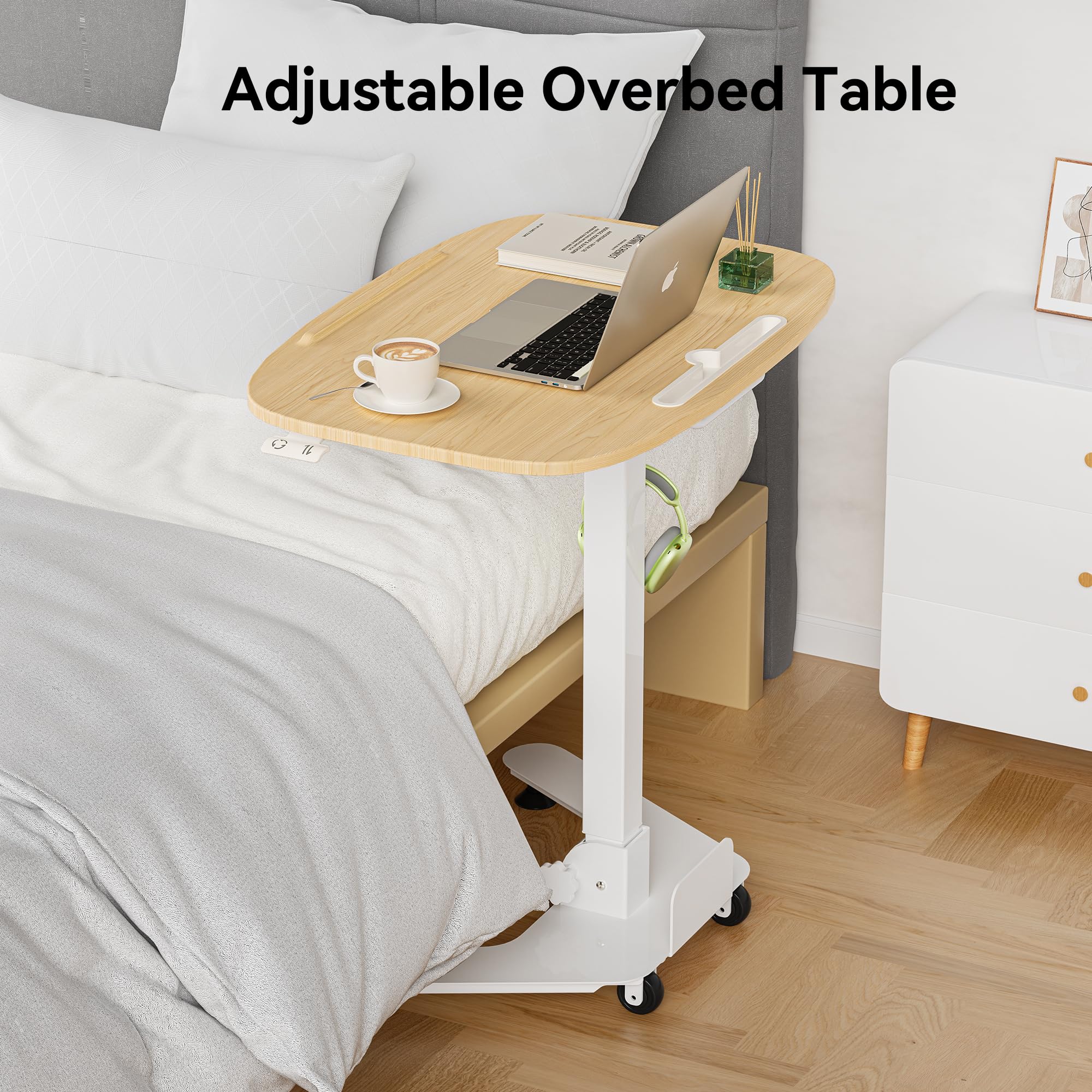 Folding Pneumatic Height Adjustable Mobile Standing Desk with 90° Tiltable Tabletop, 27.2x18.9 Inch Portable Laptop Desk with Wheels, Holds Up to 66.1lbs for Home Office, Study, Oak
