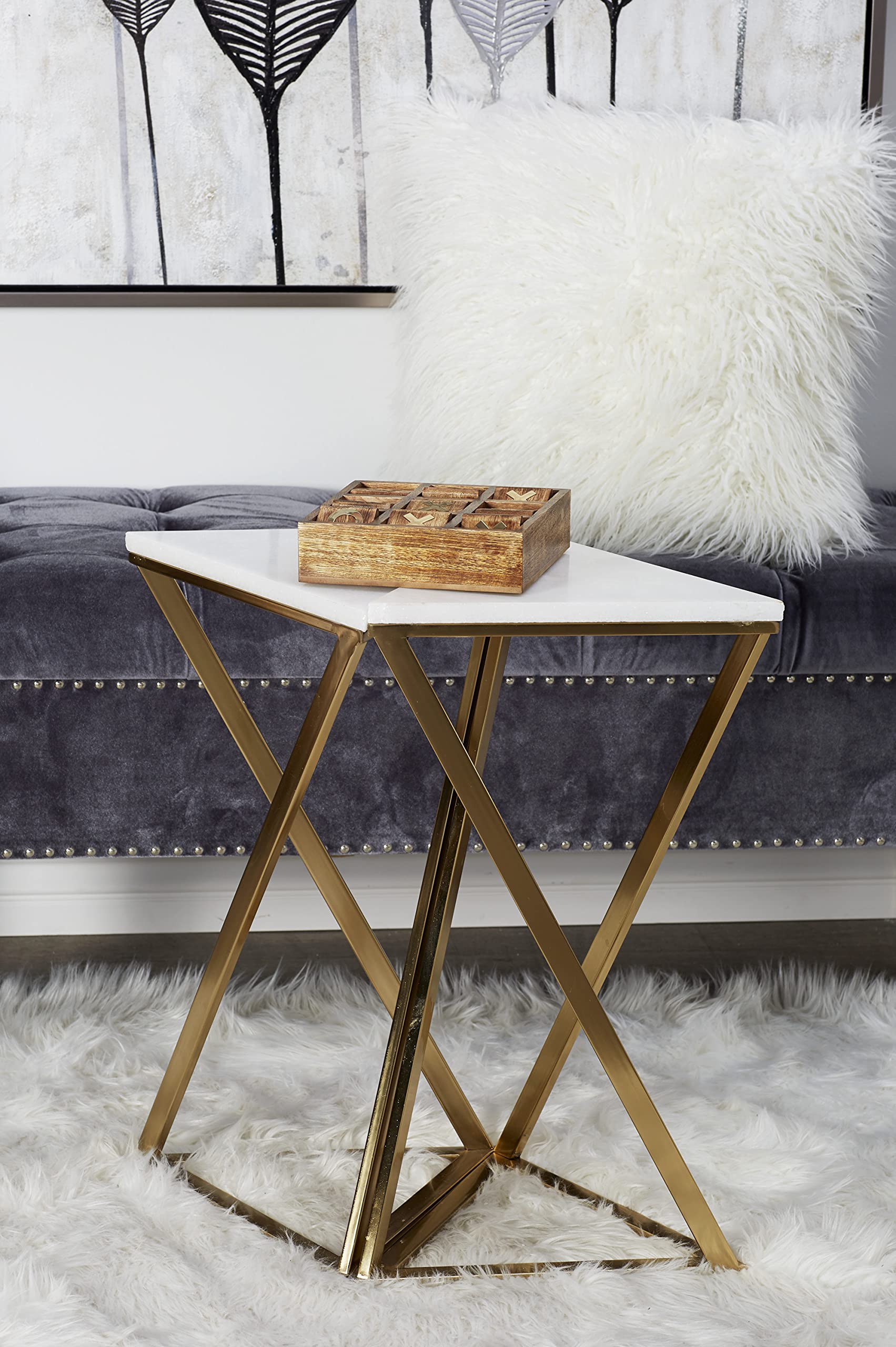 Metal Side End Accent Table End Table with Marble Top, Set of 2 Side Table 14"W, 24"H, Gold