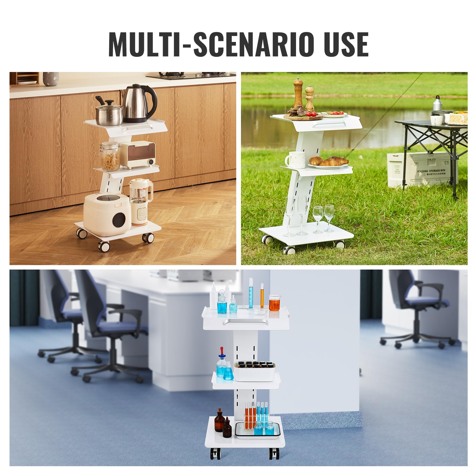 Lab Trolley, Rolling Lab Cart with Built-in Socket, 3-Layer Metal Mobile Trolley, Tray Rolling Clinic Cart with Swivel Wheels, 220 lbs Weight Capacity, for Lab, Clinic, Beauty and Salon