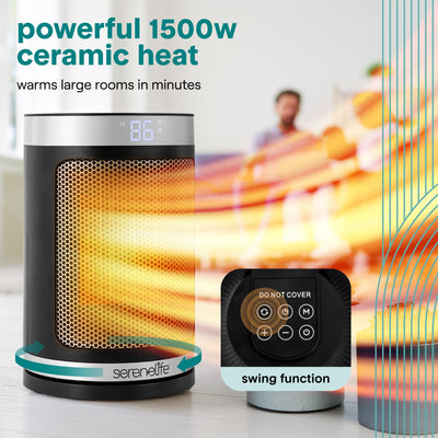Portable Space Heater – 1500W PTC Ceramic Electric Heater with Thermostat, Remote, 12-Hour Timer, 3 Heating Modes, Oscillation, Safe & Quiet for Home, Office, Bedroom (Black)