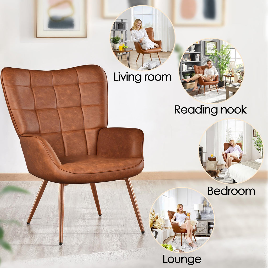Accent Chairs, Large PU Leather High-Back Chair w/Metal Legs, Pottery Barn Style Living Room Chairs for Bedroom/Home Office, Brown, Set of 2