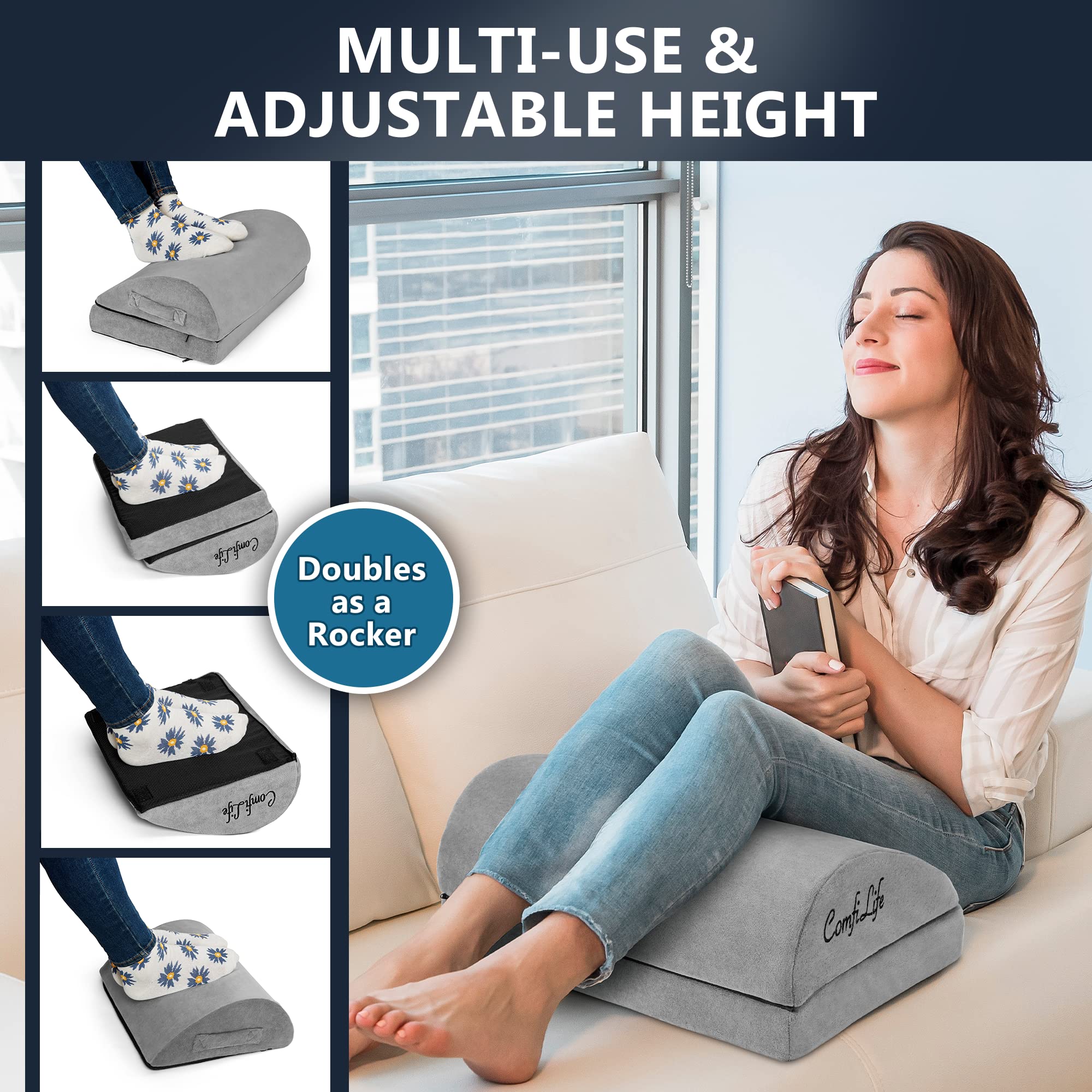 Foot Rest for Under Desk at Work – Adjustable Desk FootRest for Office Chair, Gaming Accessories – Ergonomic Teardrop Design for Back, Hip & Leg Pain Relief – 100% Memory Foam (Gray)