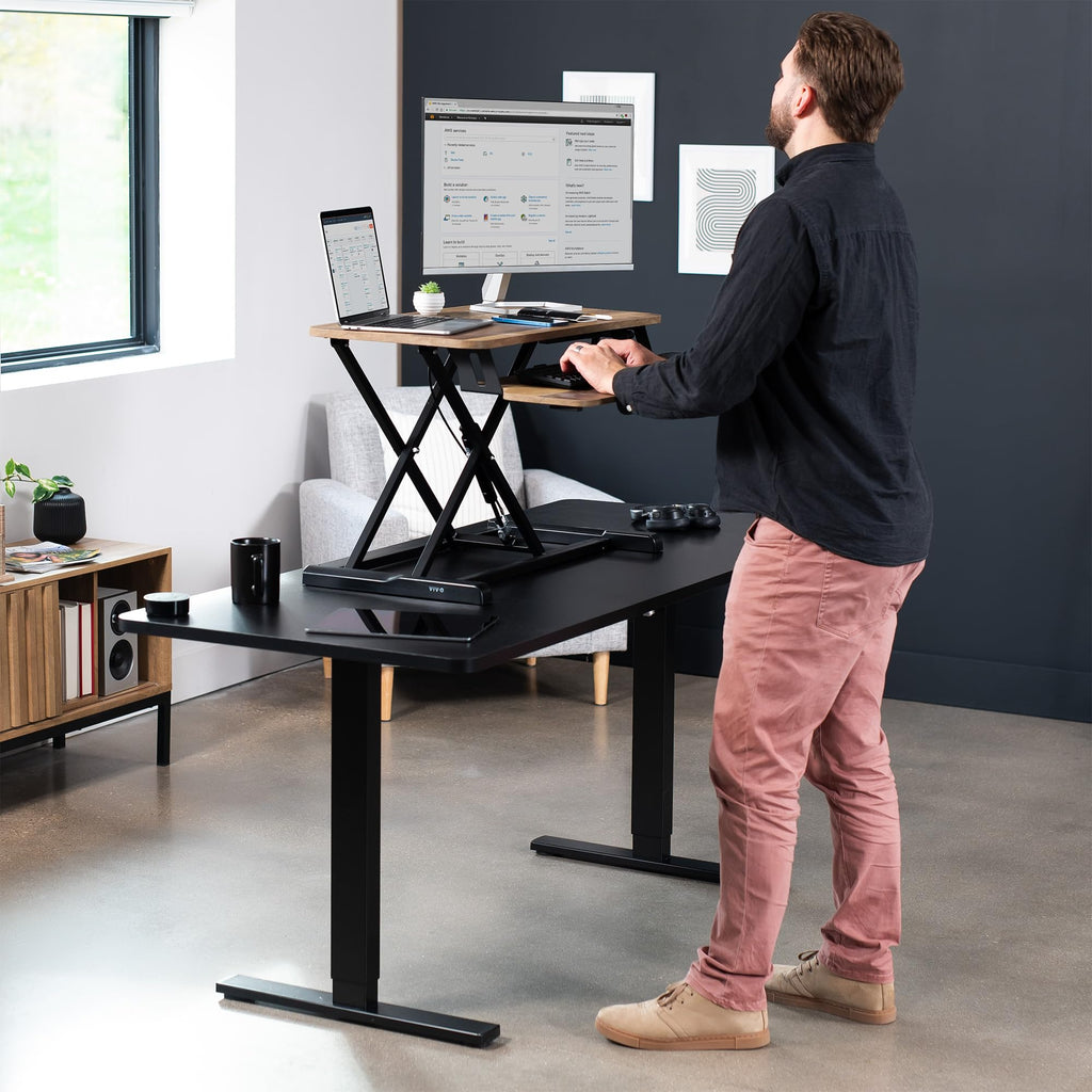 32 inch Desk Converter, K Series, Height Adjustable Sit to Stand Riser, Dual Monitor and Laptop Workstation with Wide Keyboard Tray, Reclaimed Wood Top, Black Frame, DESK-V000KP