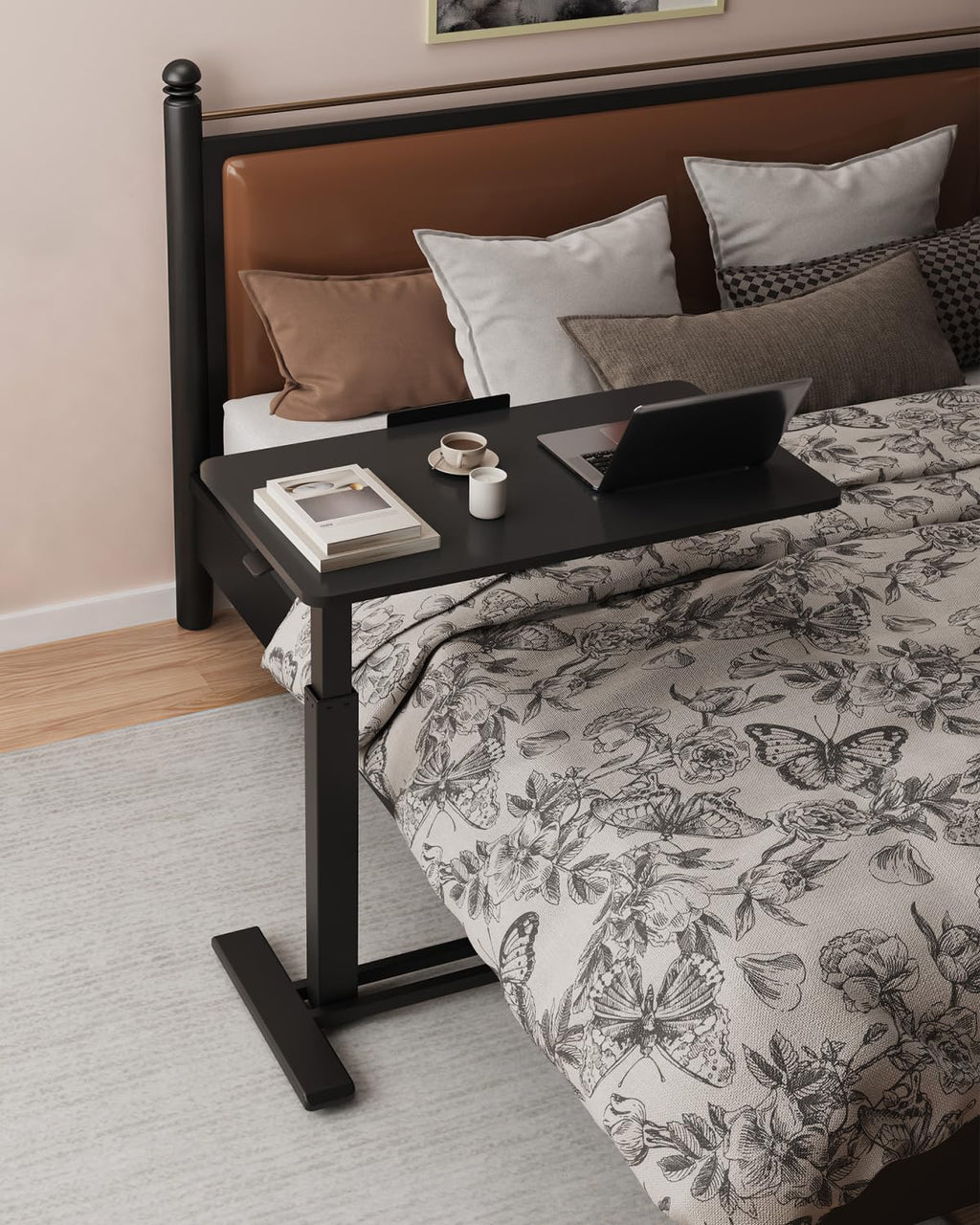 H7 PRO Mobile Standing Desk Adjustable Overbed Table Pneumatic with Wheels 55°Tiltable Portable Laptop Desk Rolling Computer Cart Foldable Bedside Table(27.6" W x 15.7" D, Black)