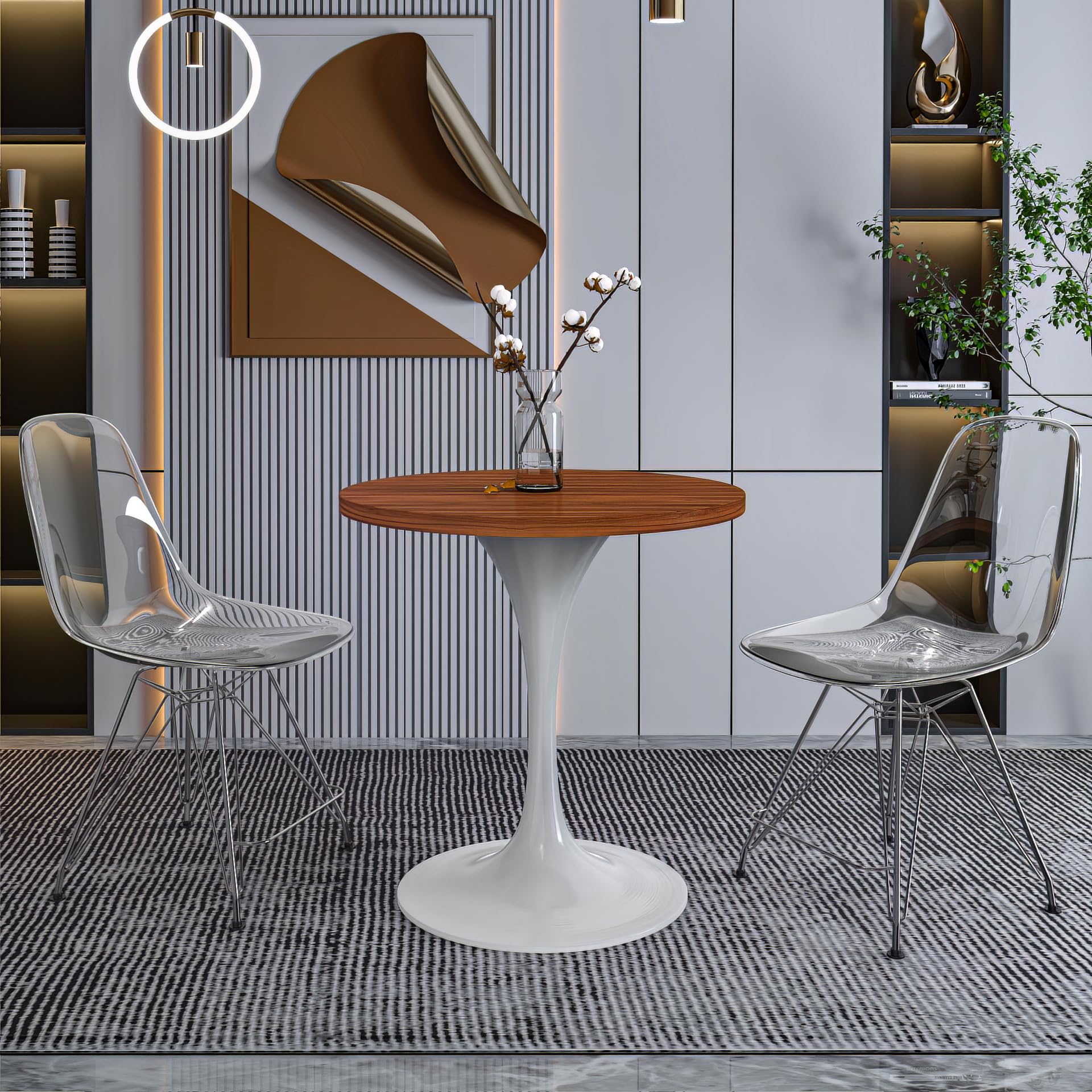 Mid-Century Modern 27 Inch Round Dining Table, MDF Wood Tabletop with White Steel Pedestal Base, Contemporary Kitchen & Dining Room, Small Space Breakfast Table, Cognac Brown